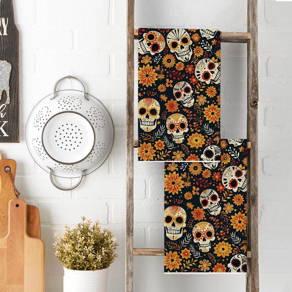 Artoid Mode Yellow Flower Sugar Skull Day of The Dead Kitchen Towels Dish Towels, 18x26 Inch Farmhouse Halloween Mexican Decor Hand Towels Set of 2