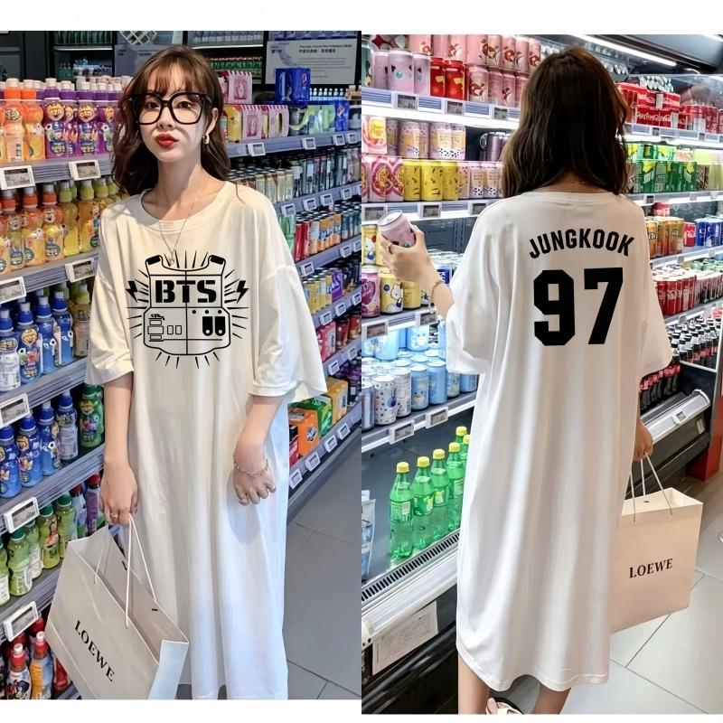 Vestito T-shirt Rotondo Larga Taglia con Fantasia Stampata, Modello Lungo, Camicia da Notte da Donna Stile Rilassato al Ginocchio