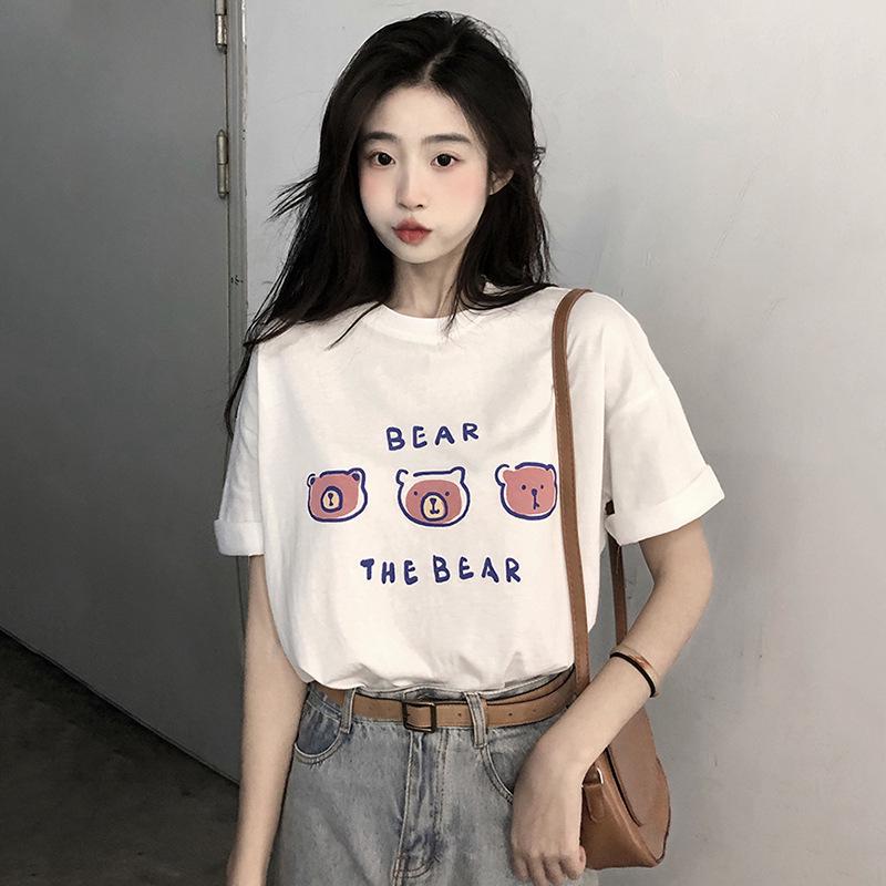 2025 Women’s Summer Korean-Style Loose Mid-Length Bear Print White T-Shirt