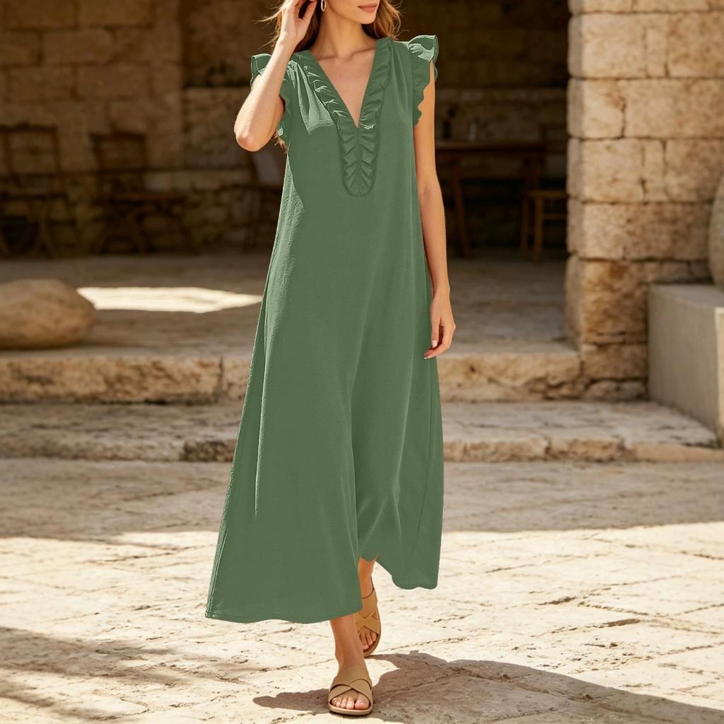 Summer Ruffled Flutter Sleeve V Neck Loose Casual Maxi Dress For Vacation, European American Crossborder Women Long Dress