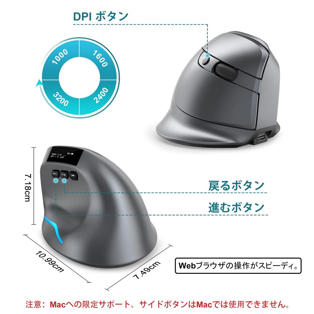 Lefon Wireless Ergonomic Tendonitis DPI 4 OLED Battery Level USB 8 Optical Compatible with Windows and MacOS Mouse, Vertical, Design, Prevention,