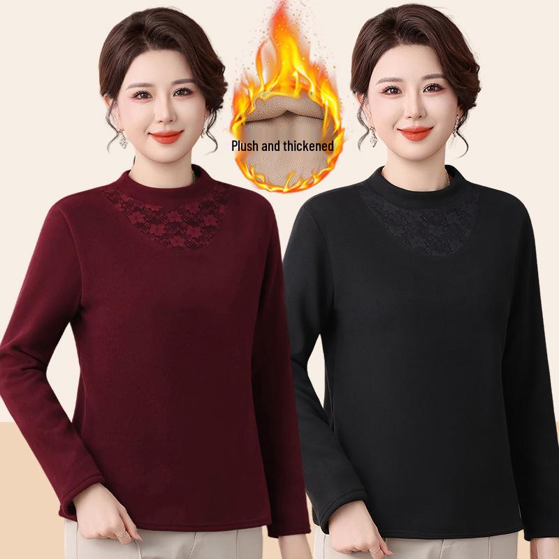 Mom's Autumn/Winter Warm Velvet Top for Middle-Aged & Elderly Women - Fashionable Thick Half-High Collar Base Layer