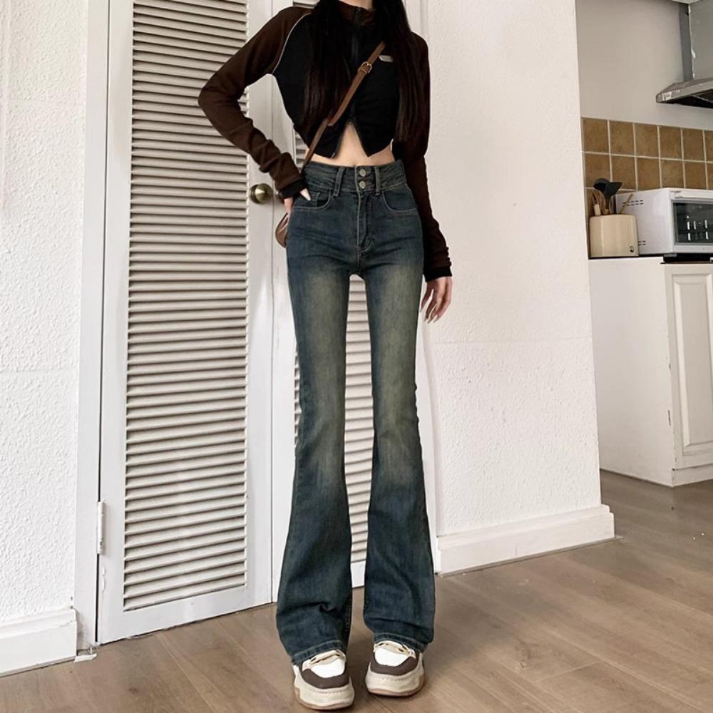 

Personalized neutral double-buckle micro-pull jeans spring and autumn new high-waisted slim-fitting micro-flared jeans XL
