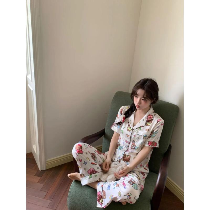 Beach Black Leather Cat Pajamas for Women, Cartoon Sweet and Cool Fairy Style, Simple and Loose Simulation Silk Home Clothing