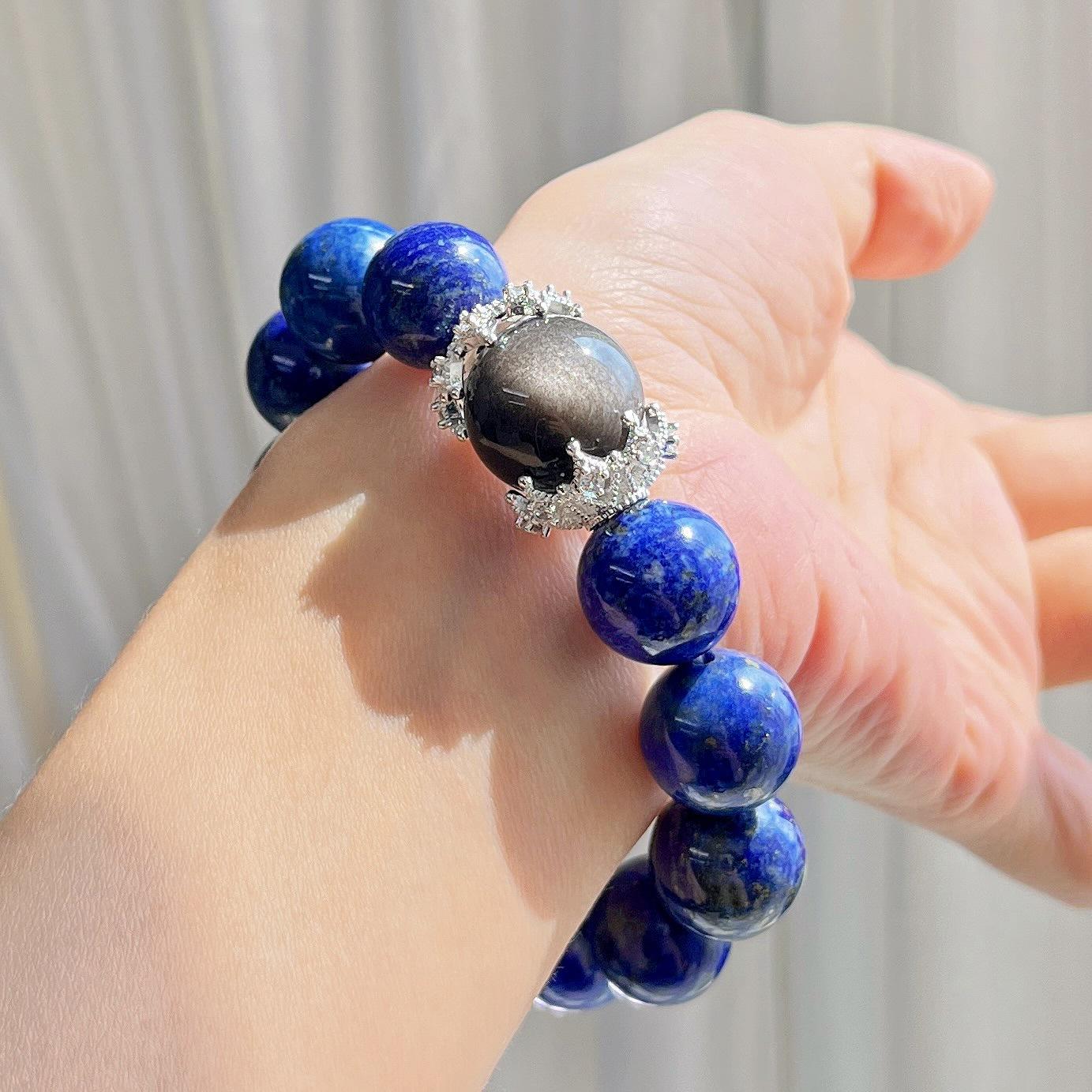 14Mm Retro Natural Lapis Lazuli Obsidian Design Bracelet Bracelet.