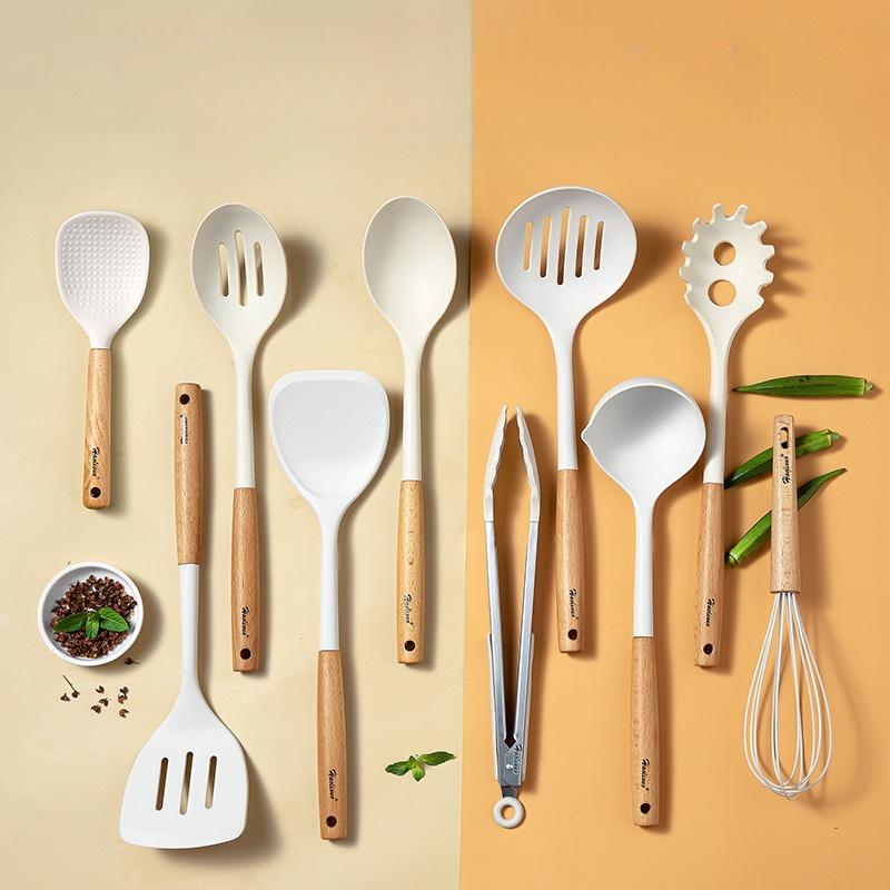 Large Beech Wood Handle Silicone Kitchen Utensils: Silicone Spatula, Spoon, and Stir-Fry Spatula Set for Non-Stick Pans