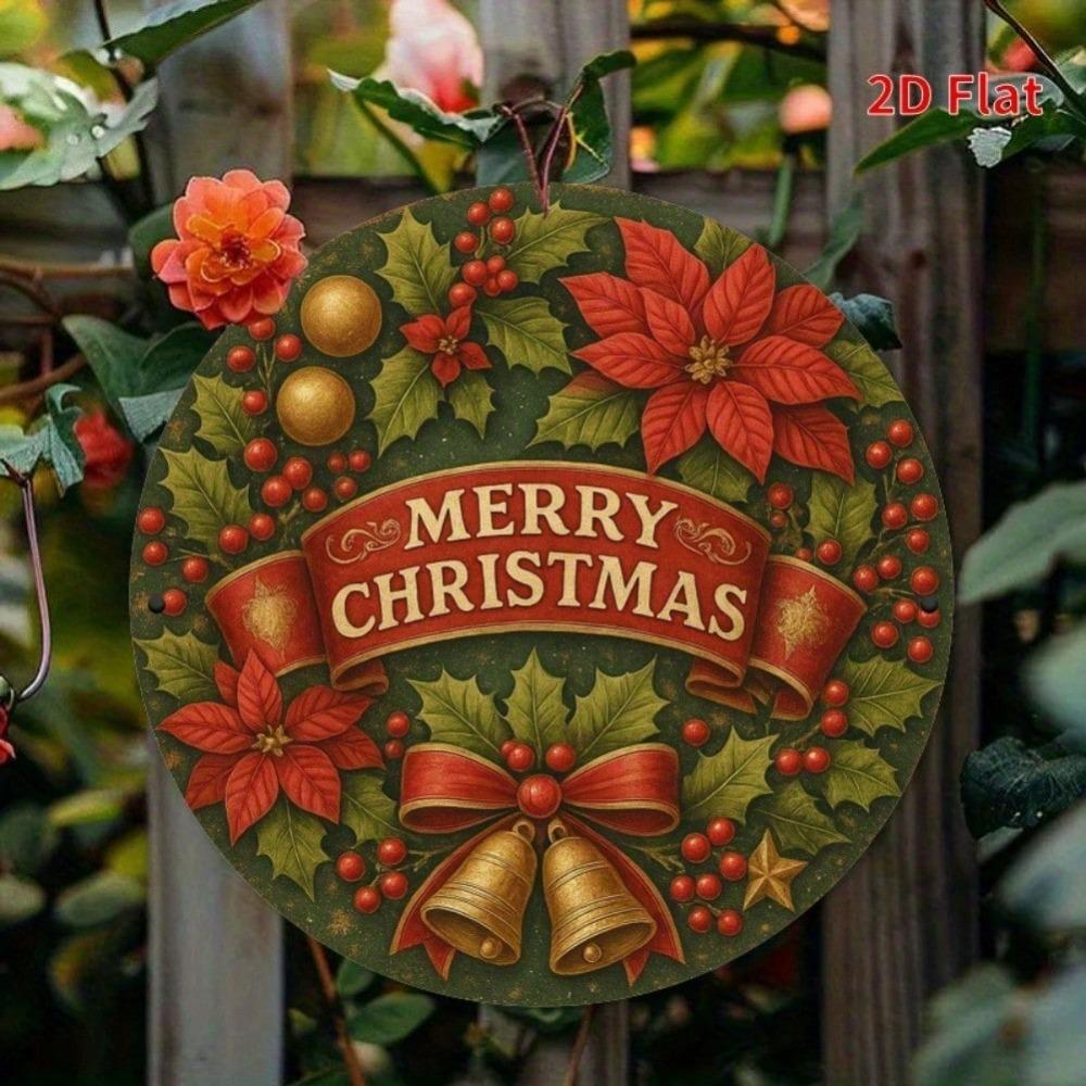 Vintage Christmas Wreath Metal Wall Art Festive Poinsettias Bells Ribbon Gift Home Decor Kitchen Holiday Office Garden