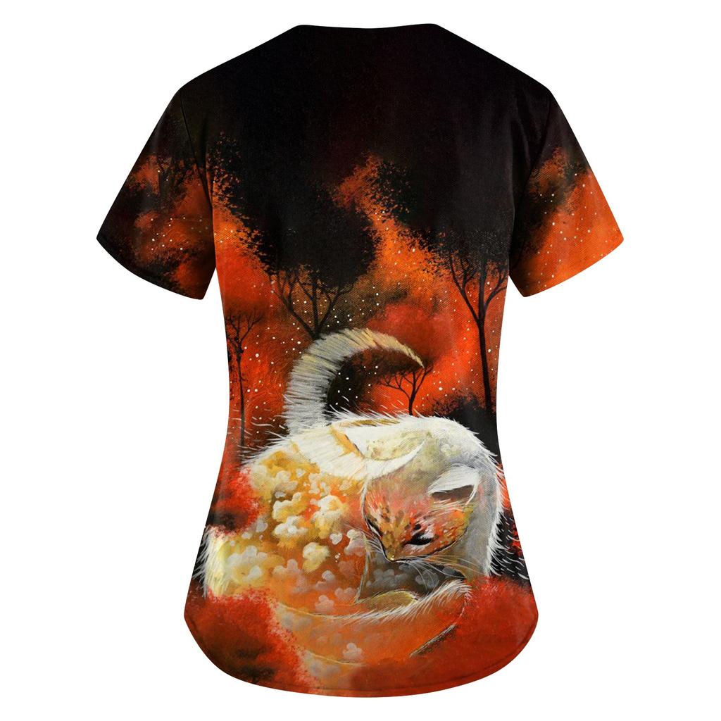 Women Printing Short Sleeve V-neck Tops Working Uniform Pocket Blouse