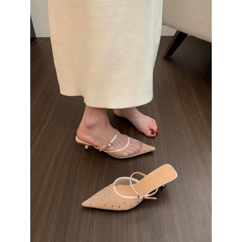 Mode Neue Sommer Damen Sandalen Strass Glänzendes Netz Hohe Absätze Schuhe Elegant Slingback Spitz Slip-on Party Damen Pumps Schuhe