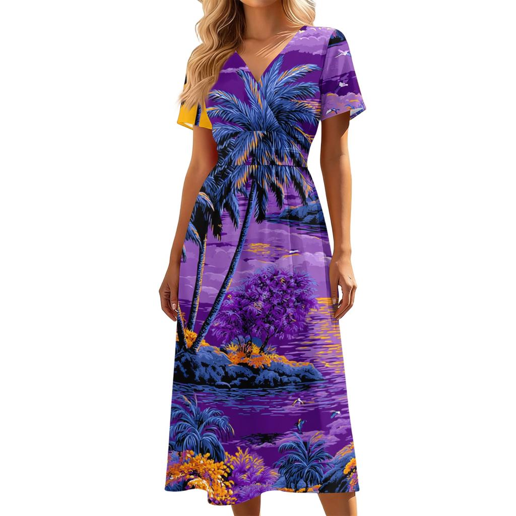 Women's V Neck Short Sleeve Casual Midi Dress Hawaiian Print Summer Beach Dress Elastic Waist Relaxed Fit Vacation Dress