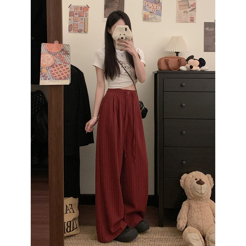 Kumikumi Stylish Drawstring Suit Pants Casual Pants Women Fall Striped Wide-Leg Pants Draping Mopping Pants Pants