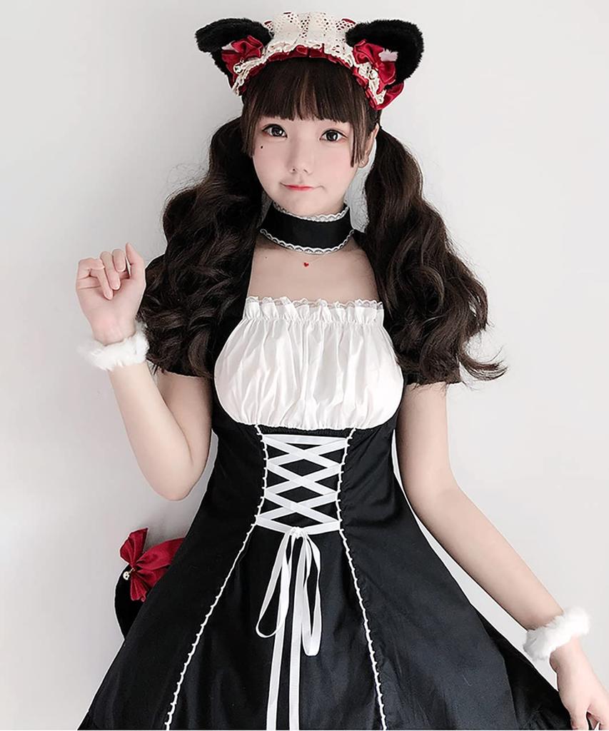 Robe Lolita pour femme Milky Time avec manches bouffantes, ras-du-cou et longueur mini, noire, costume de cosplay