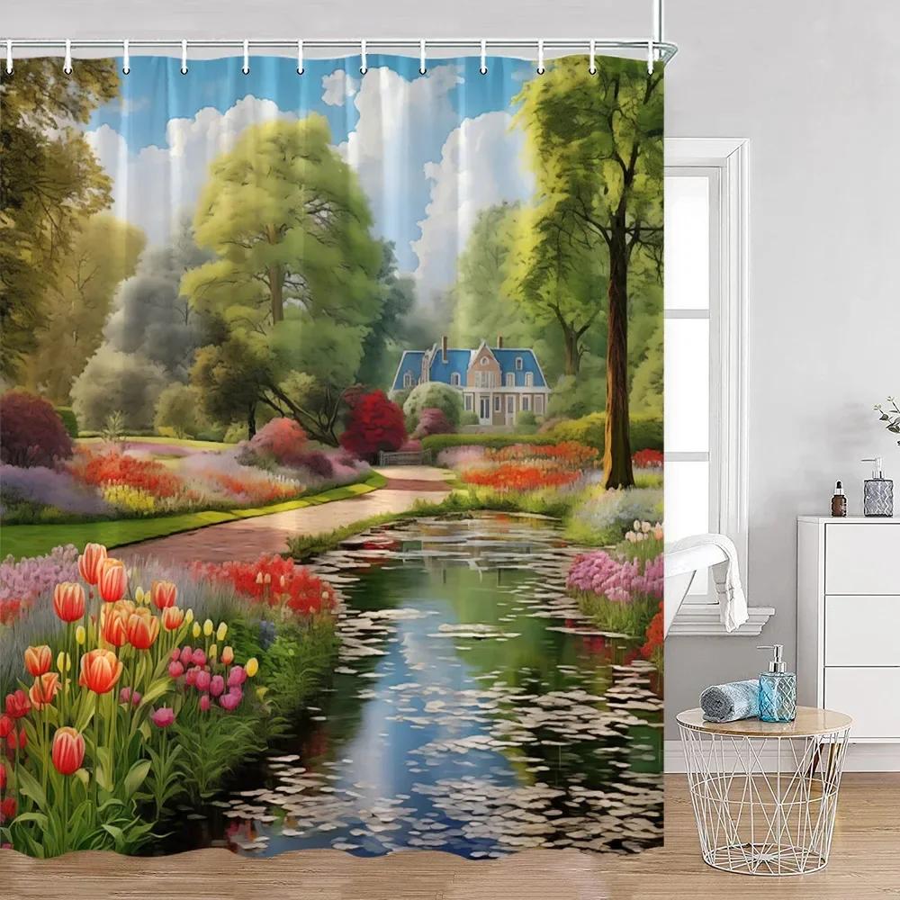 Colorful Flowers Green Plants Shower Curtain Trees Spring Landscape River Tulip Bathroom Curtain Polyester Bathroom Decoration