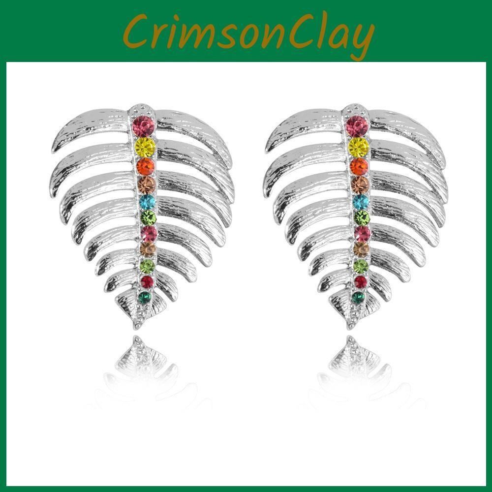 Exquisite Leaf Metal Earrings For Women With Dazzling Gemstone Inlays