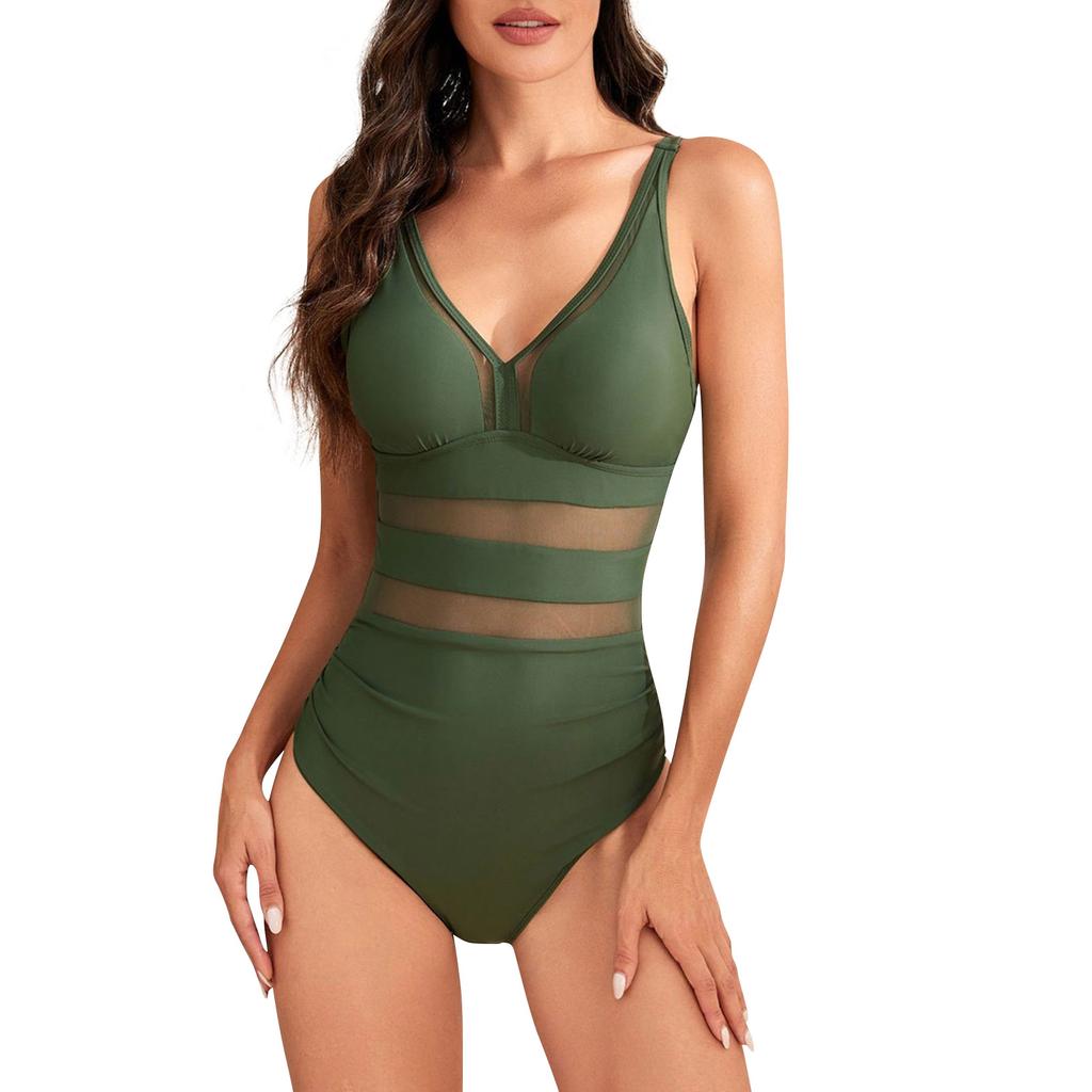 Damen Einteiliger Sexy Mesh Netzstoff Ausgeschnitten Einfarbig Mit BH-Polster Ohne Bügel Badeanzug