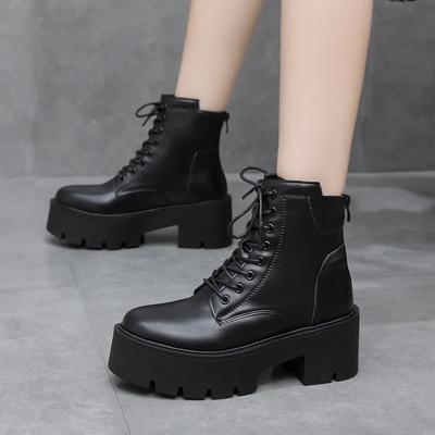 2024 Herbst/Winter Neue Mid-Top Lederstiefel Damen Neue Weiche Sohle Lässige Modestiefel Koreanische Version Schnürung Dicke Sohle