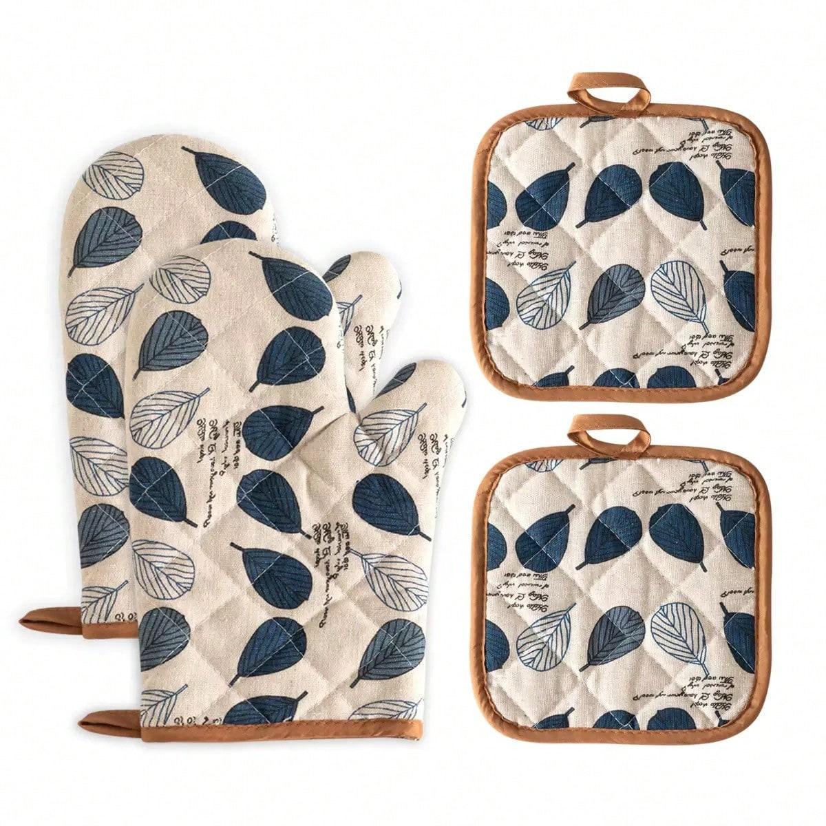 Ovenwanten Set, Magnetronhandschoenen, Hittebestendige Handschoen Set, Hittebestendig, Moderne Keukengereedschappen voor het Hanteren van Hete Potten en Pannen Blue Leaves 4PCS