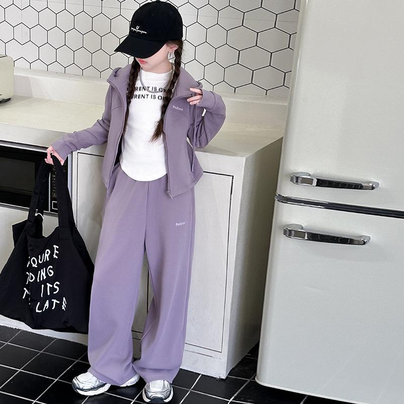 Ensemble Deux Pièces Fille 2025: Veste Sweat à Capuche & Pantalon Large pour Grands Enfants, Style Automne/Printemps