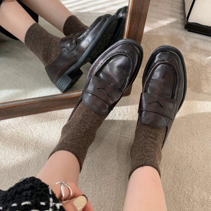 Sheepskin Version~ Genuine Leather Round Head Thick Heel Thick Sole Women's Small Leather Shoes Single Shoes One Pedal Lazy Shoes