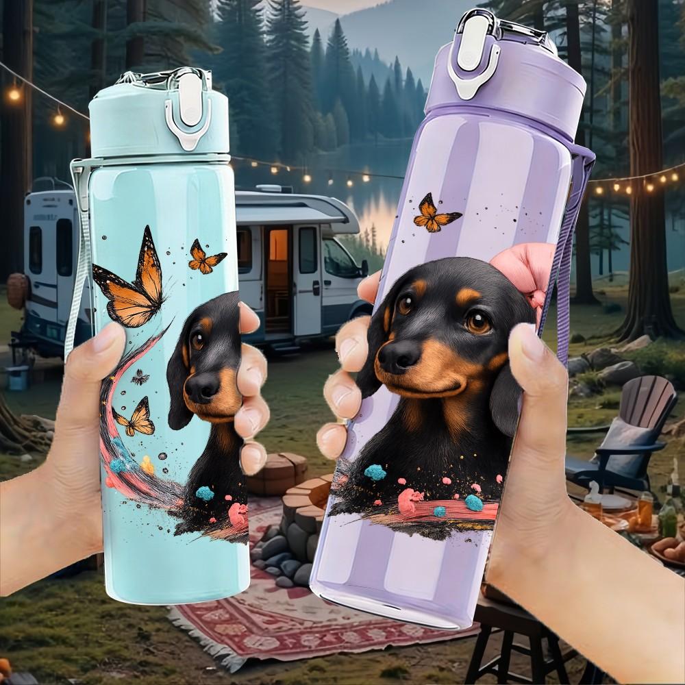 1PC Bow Dachshund Dog Portrait 750ml Color Plastic Sports Water Bottle Leakproof Flip Straw Lid Suitable for Sports Office Home Use