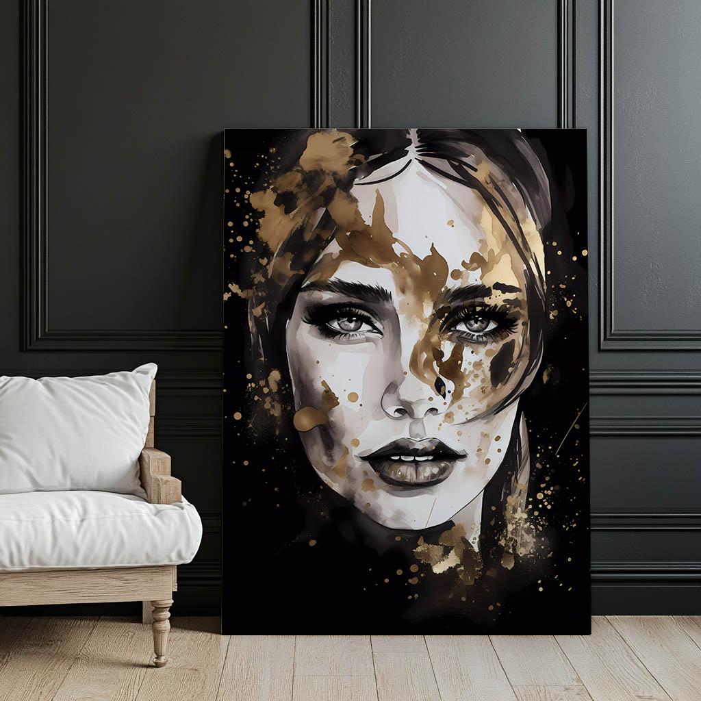 Twarz Kobiety W Czerni I Złocie Twarz Kobiety W Czerni I Złocie, 50X70 Cm, Bez Ramy, Płótno Premium Na Blejtramie