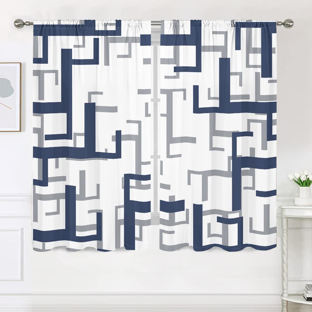 2 pieces, blue white gray grid geometric curtains - suitable for living room, bedroom and home decoration - add decorative fun.