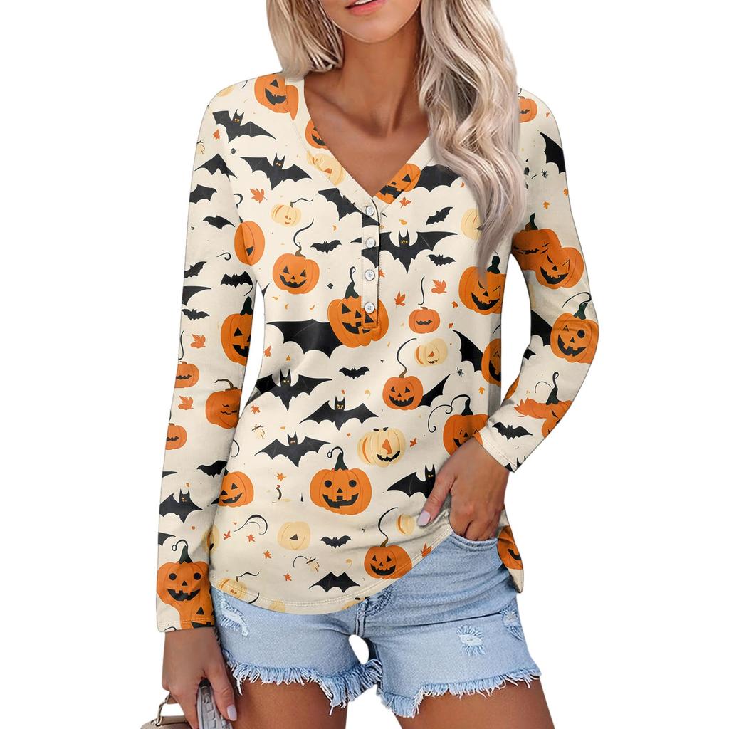 Women's Casual Fashion Sexy Comfort Halloween Printed V-Neck Button Long Sleeve