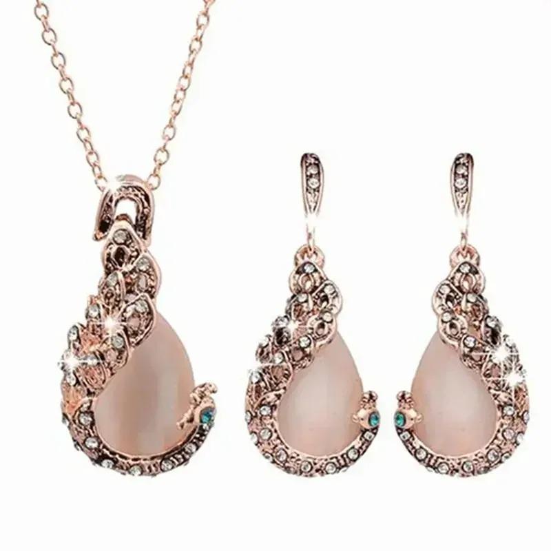 Vintage Diamond Studded Cat Eye Stone Water Droplet Necklace Earrings Creative Womens Jewelry Set Fashion Cat Eye Stone Necklace