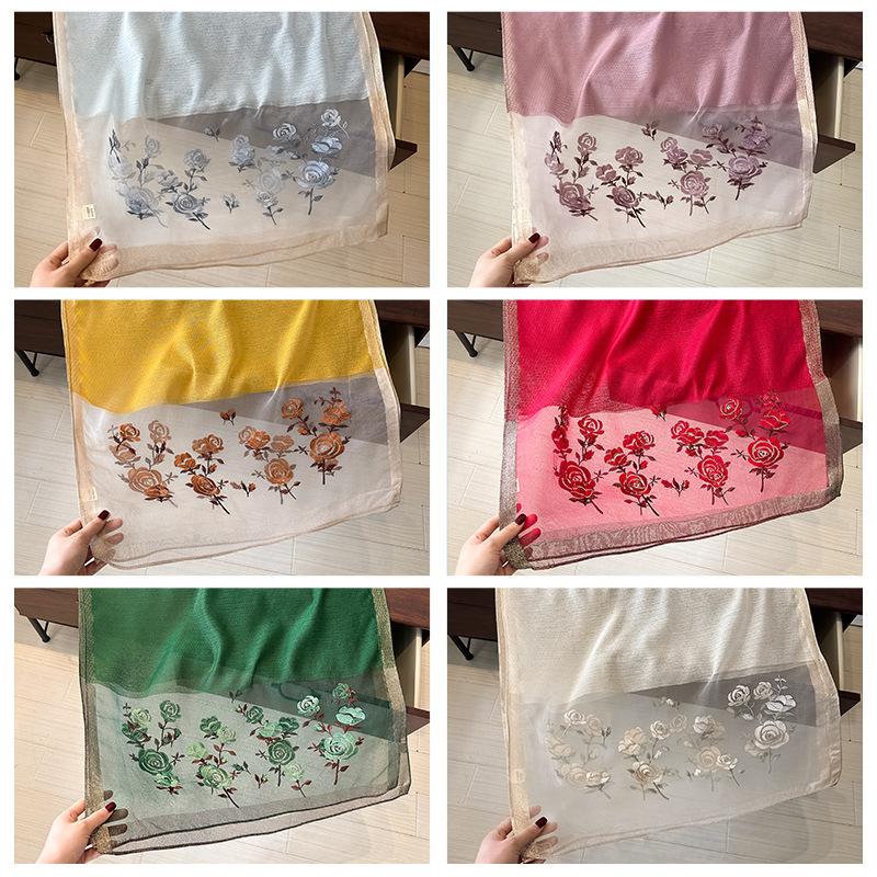 Simulation Silk Handmade Embroidered Scarf Spring And Autumn High-End Foreign Silk Scarf Femininity Easy To Match Decorative Shawl