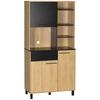 Meuble de cuisine multi-rangement avec tiroir, 3 portes, 4 niches et passe-câbles, hauteur 180 cm, noir et bois naturel