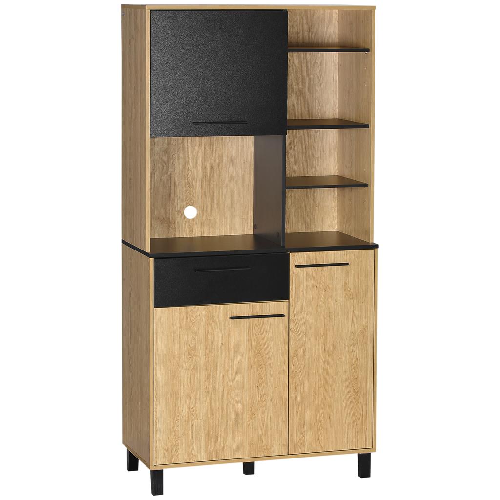 Meuble de cuisine multi-rangement avec tiroir, 3 portes, 4 niches et passe-câbles, hauteur 180 cm, noir et bois naturel