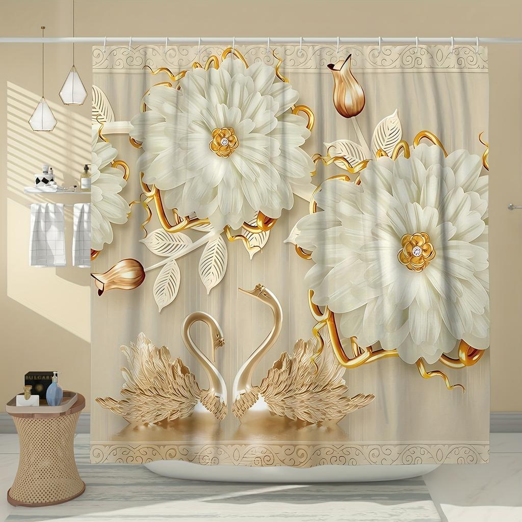 1pc Shower Curtain - Elegant White Flowers and Golden Swans Design for a Luxurious Bathroom Waterproof