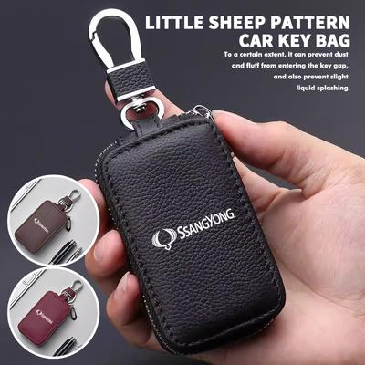 Car Key Bag Zipper Case PU Leather Anti-Theft Key Fob Pouch For SsangYong Musso Rexton Torres Kyron Actyon Tivoli Rodius