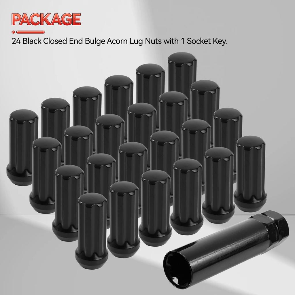24x Sorte 2" Høje M14x1.5 Tuner Spline Hjulmøtrikker til Ford F150 GMC Sierra Ram 1500