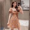 Large size fashion dress women's summer new retro square collar belly covering and thin bubble short sleeve floral dress