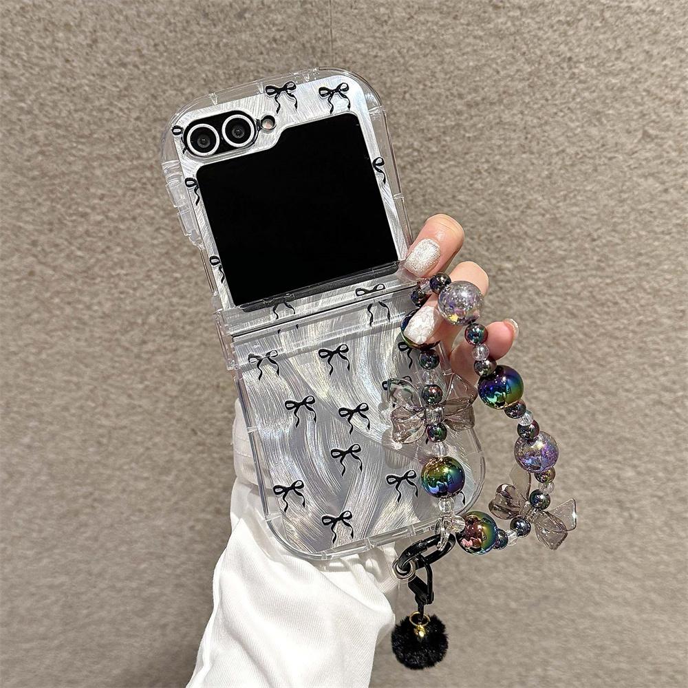 Korean Cute Bowknot Phone Case For Samsung Z Flip 6 5 4 3 Cover with Chain Clear Hinge Cases for Galaxy Z Flip5 Flip6 Flip4 Capa