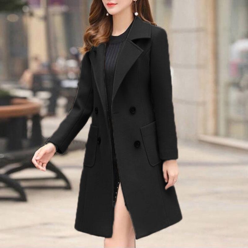 Podzim Zima Dámské Dlouhé Vlněné Kabáty Dvouřadé Dámské Jednobarevné Slim Fit Vrchní Oblečení Klopa Límec Streetwear