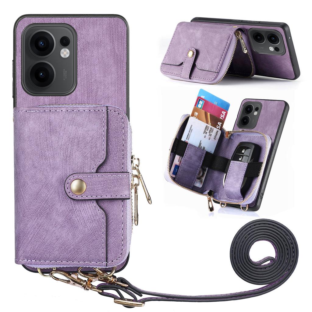 For Oppo Reno13 F 5G PU Leather Phone Back Cover with Zipper Card Holder and Long Strap