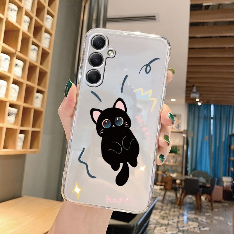 Cute Cat Cartoon Soft Transparent Silicon Case For Samsung A55 A35 M35 M34 S24 Xiaomi Redmi Note 13 Pro 13C Poco M6 Camera Shockproof Protective Cover