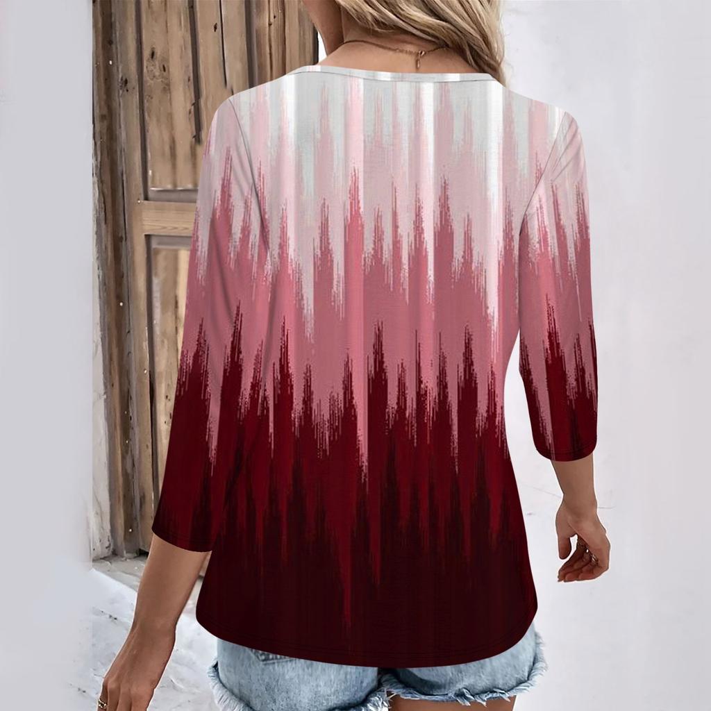 Womens 3/4 Sleeve Daily Weekend V Neck Casual Printed Tshirts Loose Fit Pleated Tees Ladies Blouse
