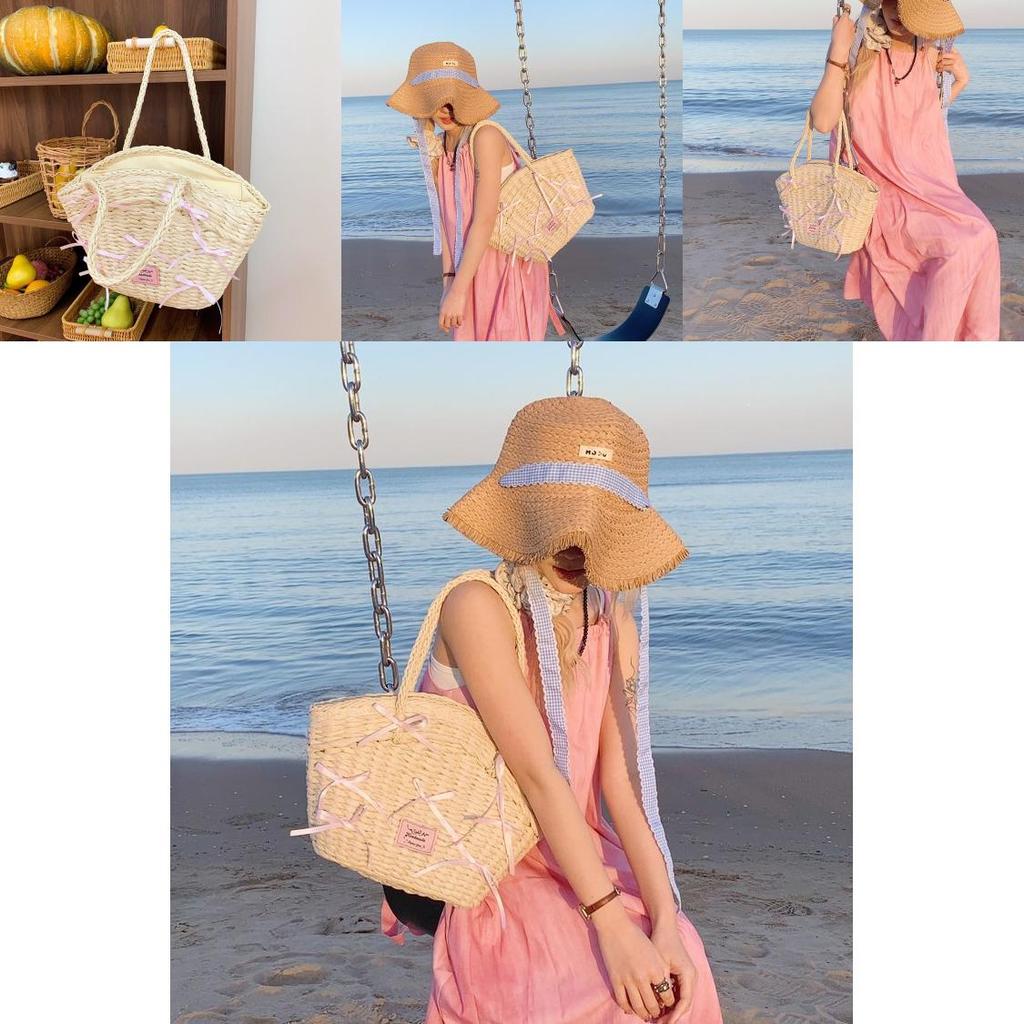 Simple Pink Bow Decoration Women Casual Grass Woven Handbag For Beach And Casual Wear