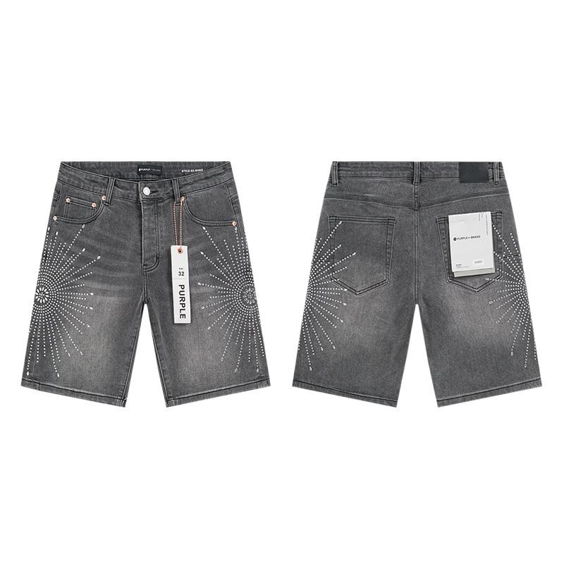 Cross-border European and American Trendy Brand Purple Splashing Ink Hot Diamond Worn Washed Denim Shorts Men's and Women's High Street Straight Five-
