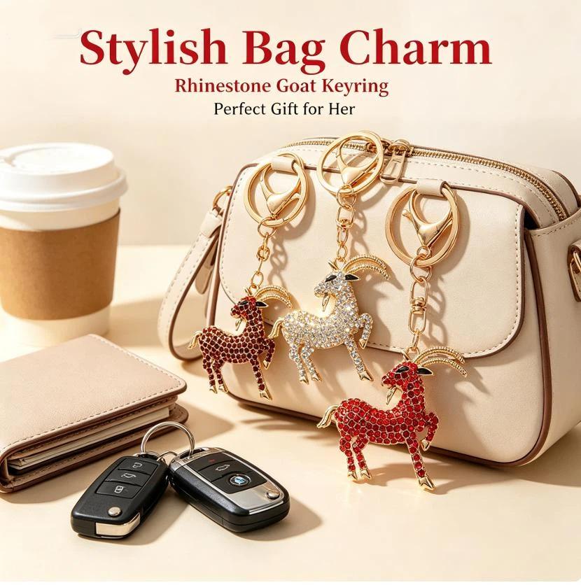 Cute Lifelike Goat Metal Keychain Sparkling Rhinestone Decor Stylish Bag Charm for Teen Girls Birthday Small Gift