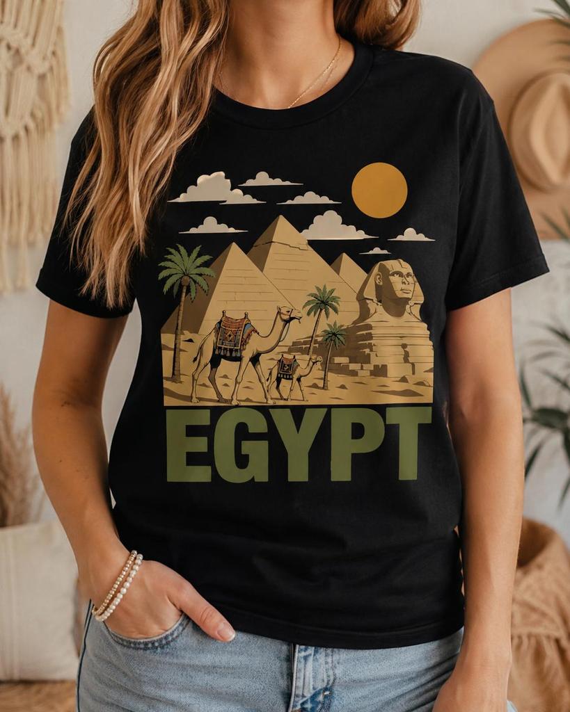 Ancient Egypt Shirt Pyramids Sphinx Camel Tee, Egyptian History Gift, Cairo Africa Travel Souvenir Graphic Apparel for Women Men Vintage Art