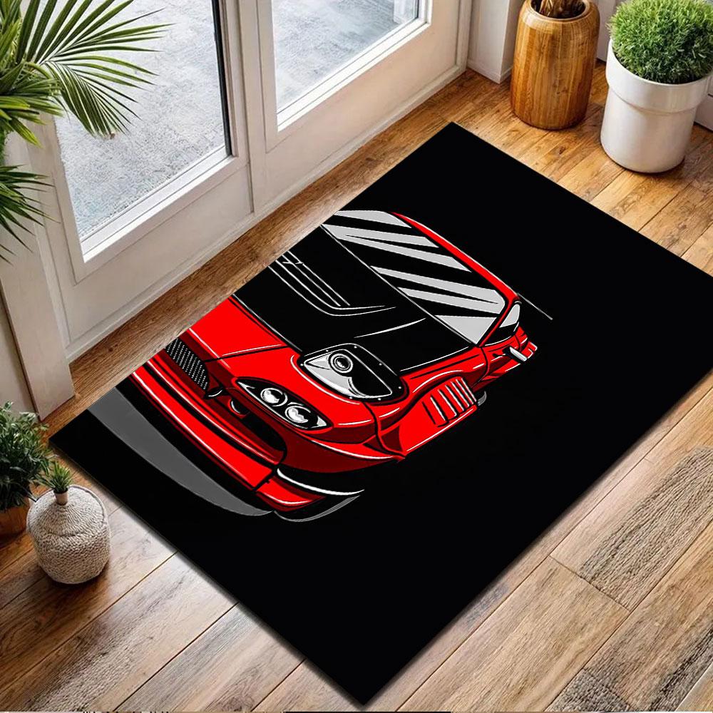 Red Sports Car Illustration on Black Background Patterned carpet, non slip mat suitable for living room and bedroom sofas