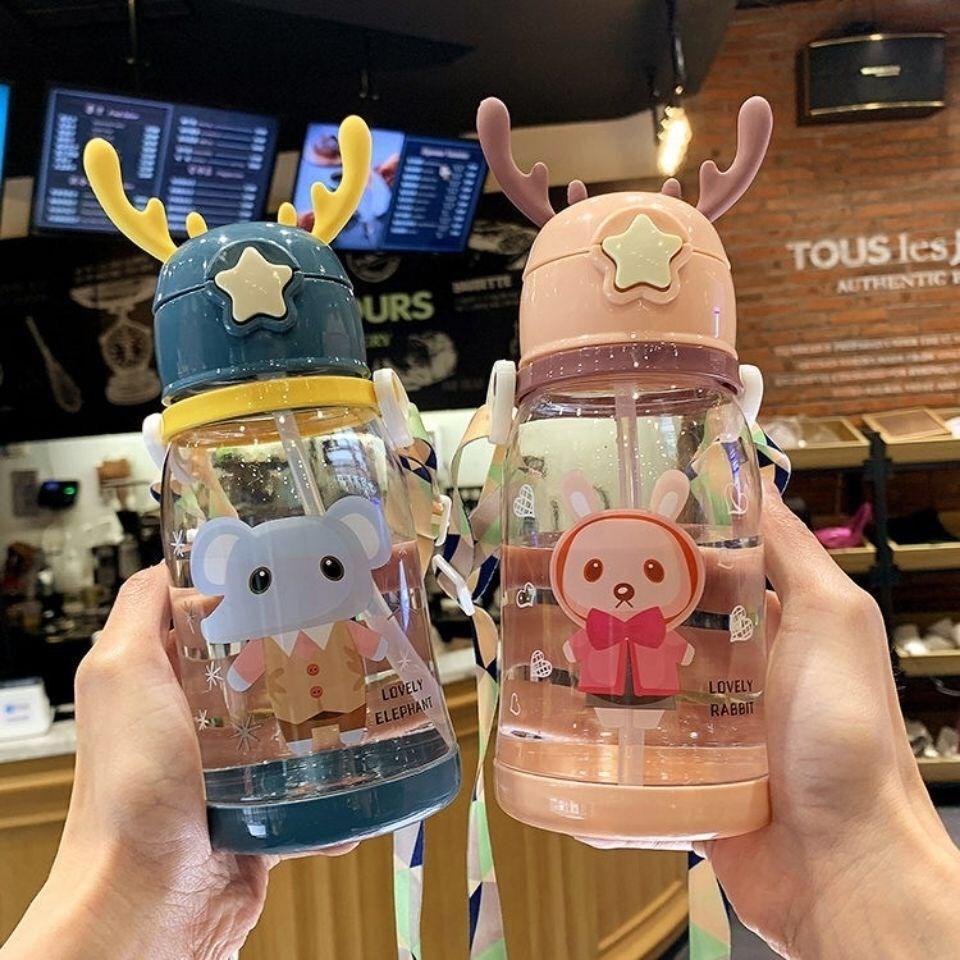 Water Bottle Children's Water Cup Kindergarten Primary School Student Baby Anti-drop Cup Cute Girl Student Antler Kettle with Straw