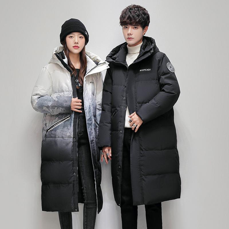 Unisex Gradient Long Puffer Jacket Hooded Casual Winter Coat