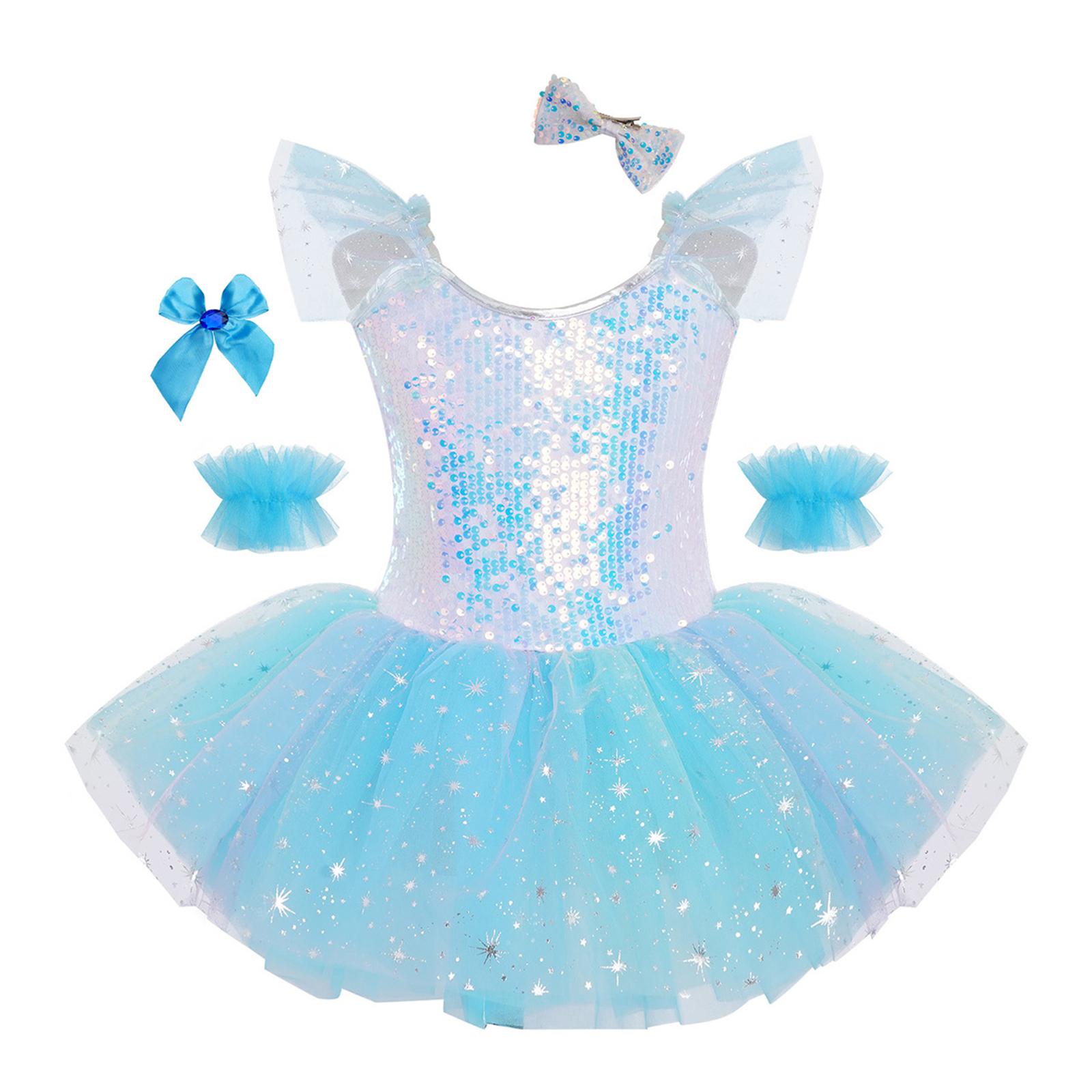 

Girls Ballet Tutu Dress Ruffled Sleeves Sparkling Sequins Bodice Layered Tulle Headwear Cuffs Bow Brooch 11-12 Years світло-синій колір