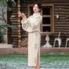 Womens Winter Warm Fleece-Lined Modern Chinese Style Cheongsam Set With Vest Long Sleeve Stand Collar Mid-Slit