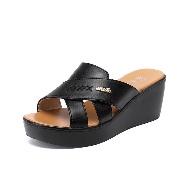 6cm Small Size 32-43 Comfortable All Match Soft Leather Slippers Platform Shoes 2025 Womens Med Heels Wedges Slides Office Beach